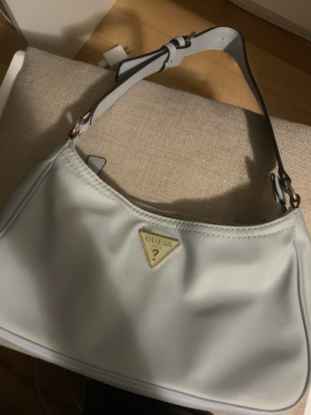 GUESS White Shoulder Bag with Gold Triangle Logo